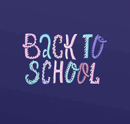 back to school color lettering illustration. Hand drawn scandinavian style. Vector cute typography quote on dark blue background.のイラスト素材