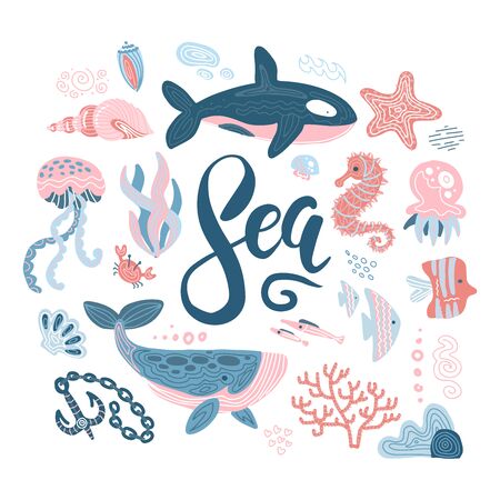 Set of Sea animals composition . Vector cartoon underwater creatures collection: jellyfish, starfish, ocean, sea horse, shell, fish, whale. Set of silhouettes in the minimal hand drawn child style.のイラスト素材