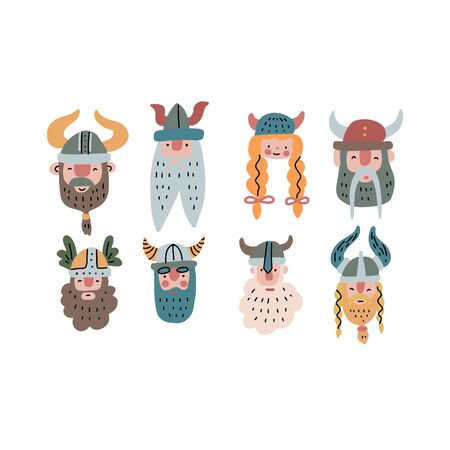 Set of viking funny faces. Collection of cartoon hand drawn heads. Vector illustration isolated on white background. Stickers, print, poster, icon, avatar. Male and female charactersの写真素材