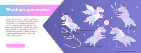Horizontal Web banner design template for rhythmic gymnastics school. Modern vector illustration concept. Cute unicorns doing rhythmic gymnastics with ribbon, ball, hoop, skipping rope.のイラスト素材