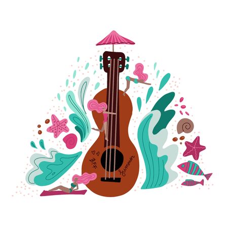 Summer holiday Music metaphor flat illustration. Cartoon girls near huge guitar hand drawn character. Scandinavian style decorative waves and shells.Music festival promo banner, poster design element.のイラスト素材