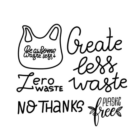 Set of hand-drawing inscriptions on a theme Zero Waste, on a white background.のイラスト素材