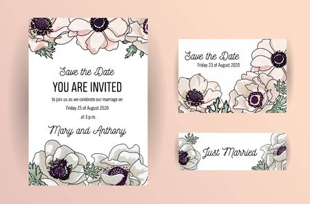 Wedding invite, invitation, save the date card design with elegant powder pink garden anemone, wax flowers leaves. Vector hand drawn sketh tender color template setのイラスト素材
