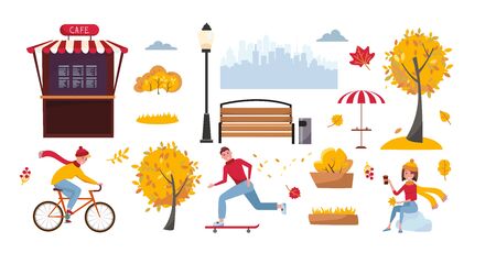 Set of objects for autumn park isolated on white background. Landscaping elements. Vector cartoon flat illustration with trees and peopleのイラスト素材
