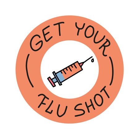 Get your flu shot. Vaccination vector poster with syringe. Hand drawn lettering with line doodle Illustration on white backgroundのイラスト素材