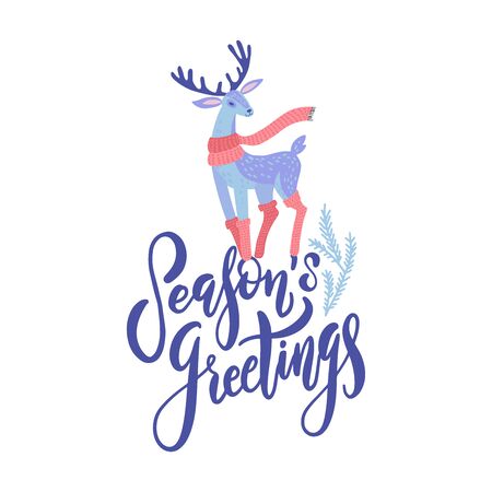 Vector Season's Greetings lettering design with hand drawn cartoon deer. Christmas or New Year's decor. Happy Holidays card, poster conceptのイラスト素材
