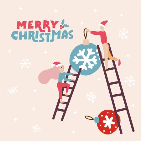 Greeting major card with santa helpers with ladder decorating Christmas balls. Happy small peole, joyful Elf on holiday eve with scandinavian lettering.のイラスト素材