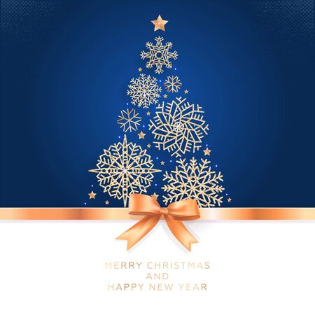 Christmas and New Year. Vector greeting card with Christmas tree of glittering snowflakes and golden bow.の写真素材