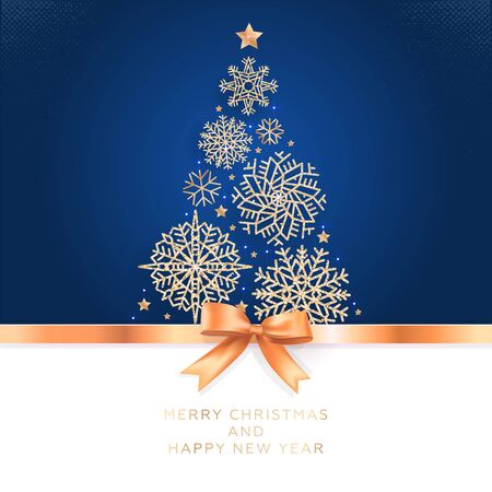 Christmas and New Year. Vector greeting card with Christmas tree of glittering snowflakes and golden bow.