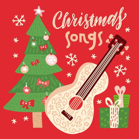 Christmas songs - vector illustration for disc cover with holiday music. Guitar with strings, xmaas tree, gift boxes and snowflakes on background.のイラスト素材