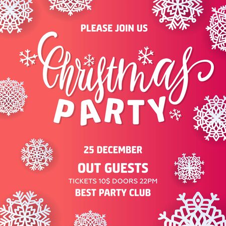 Merry Christmas party invitation and Happy New Year Party Invitation Card Christmas Party poster. Holiday design template Christmas decoration with paper cut snowflakes.のイラスト素材