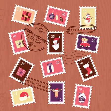 Collection of Christmas stamps. Set for letter envelope. flat vector illustration.のイラスト素材