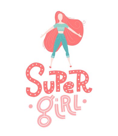 Baby print: Super girl. Hand drawn graphic for typography poster, card, label, brochure, flyer, page, banner, baby wear, nursery Scandinavian style lettering Vector illustrationのイラスト素材