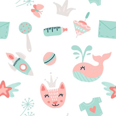 baby goods pattern. vector seamless pattern with toys and other baby goods for baby shower, textile, scrapbook, backgroundのイラスト素材
