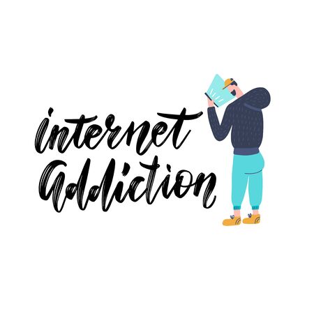 Bearded man is holding a smartphone in his hand. Communication in network, dating sites and social networks. Addiction on gadgets. Computer addicted guy looks at his tablet. Vector flat illustrationのイラスト素材