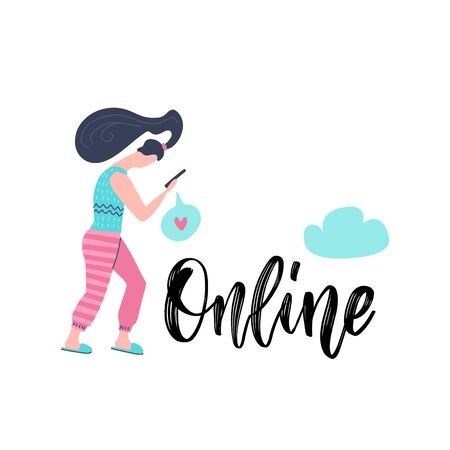 Young woman holding a smartphone and reading an e-mail, isolated on white vector flat style illustration with hand lettering Online. Social media addiction.のイラスト素材