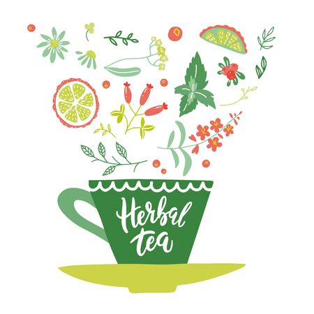 Unique hand written lettering concept. Flat drawing of a cup of herbal tea with falling herbs and berries in it. Hand drawn isolated vector illustrationのイラスト素材
