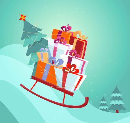 Sledge with gifts rushing down the snow slide. A stack of gift boxes and a Christmas tree tied to a sled sled with a rope. Festive bright flat vector illustration in cartoon style.のイラスト素材