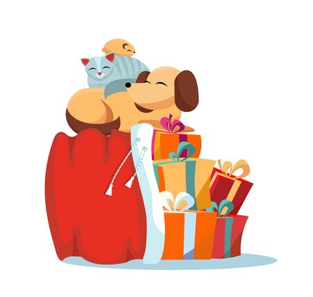 Pets cat, dog, hamster sleeps comfortably on Red Santa Claus bag with christmas presents on white background. Multicolored gift boxes are decorated with bows. Flat cartoon style vector illustration.のイラスト素材