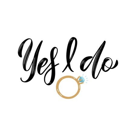 I do proposal quote. Engagement diamond ring lettering design for RSVP, wedding invitation, bridal shower party or other card. Yes, I do pastel blue vector illustration.