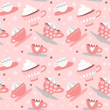 Seamless pattern with hand drawn pink Valentine's Day romantic cute cups, mugs, hearts, coffee, cocoa and more. Vector illustration background in pink and white colors.のイラスト素材