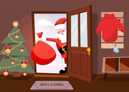 Santa claus looking out doorway and coming home with red gift bag. Merry christmas vector cartoon flat illustration. Santa enters the door to the hallway.のイラスト素材
