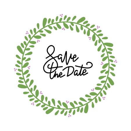 Handdrawn floral wreath . Unique decoration for greeting card, wedding invitation, save the date lettering quote. Summer berries with space for your textのイラスト素材
