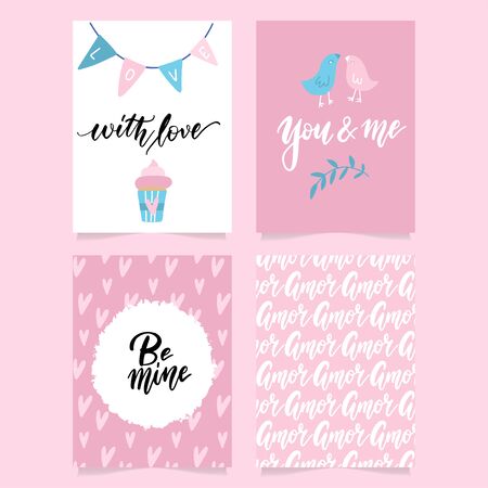 Collection of pink, black, white colored Valentines day card and flyer templates with hand lettering and illustrations. Typography poster, card, label, banner design set. Vector illustrationのイラスト素材