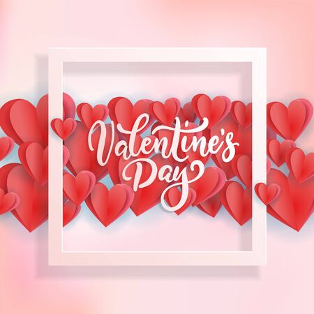 Valentine's day concept. 3d white, pink and red hearts with square frame and lettering quote. Cute love banner or greeting card. Vector illustrationのイラスト素材