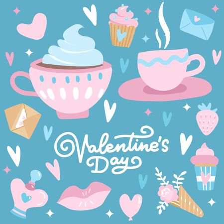 Valentines Day set with love elements, heart, overlays, line calligraphy, coffee cups and etc. Template for Sticker kit, Greeting, Congratulations, Invitations, Planners. Vector illustration.のイラスト素材