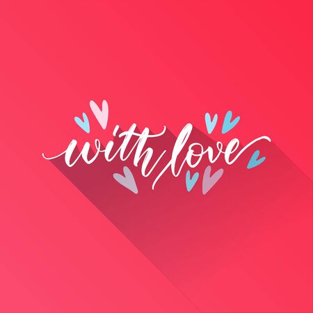 Phrase text - With love - handwritten lettering script with hearts and shadow. Flat vector illustration on pink background.のイラスト素材