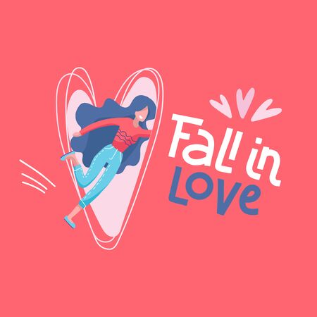 Single Girl falls into the portal in the form of a heart. Romantic cute illustration about love and relationship. Fall in love trendy lettering. Vector design concept for Valentine's Day. 14 February.のイラスト素材