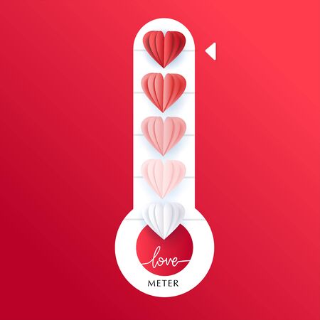 Vertical Love thermometer Valentines Day card element vector illustration with lettering. Paper cut heart balloons gradient.のイラスト素材