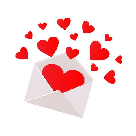 Vector open romantic envelope. Inside many red flying hearts. Isolated on white background. Flat Vector illustration for Valentines dayのイラスト素材