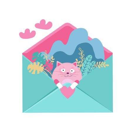 Loving cat fall in love sitting in envelope with heart for Valentine's Day. Vector flat illustration character designのイラスト素材