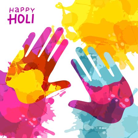 Holi Festival Background with Colorful Handprint and rainbow splashes. Vector Illustration with lettering for greeting cards and bannersのイラスト素材