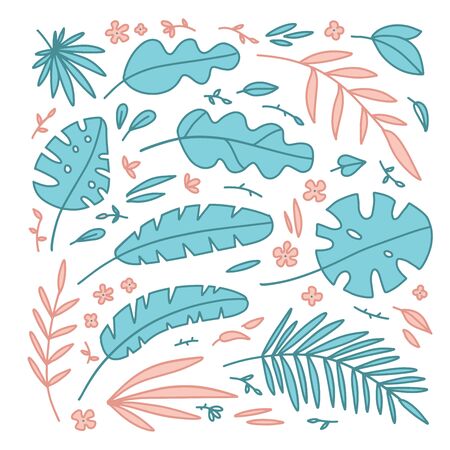 Set of tropical plants elements flowers, palm leaves, grasses. Isolated objects on white background. Hand drawn vector illustration. Flat style design. Concept for children print.のイラスト素材