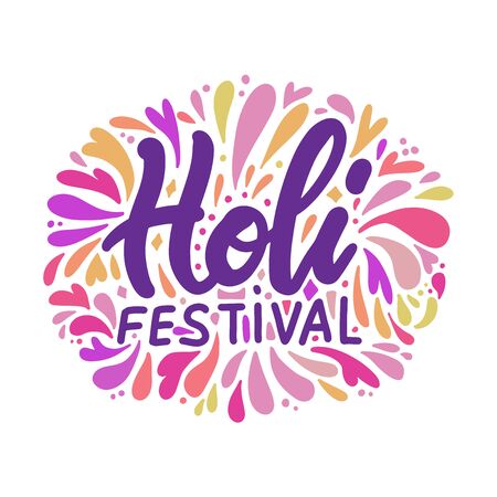 Vector illustration of Holi lettering for Festival of Colors. Celebration colorful greeting calligraphy with splash of paint isolated on white background.のイラスト素材