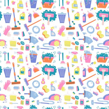 Doodle pattern of cleaning tools. Cleaning service. Home supplies. Flat hand drawn vector illustration on white backgroundのイラスト素材