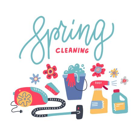 Spring Cleaning- line Lettering home Equipment, Housework, Appliance, Domestic Tools. Vector flathand drawn illustration.のイラスト素材