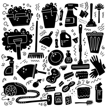 Cleaning tools. Vector set of black signs of cleaning equipment isolated on white background. Collection of housekeeping symbols in doodle hand drawn style. Black and white design illustrationのイラスト素材