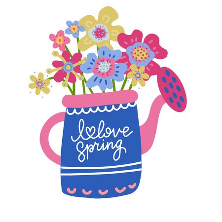 Collection of Colorful abstract Flowers in Watering Can Isolated On The White Background. Flat scandinavian hand drawn Style. Vector Illustration with hand lettering I love spring.のイラスト素材