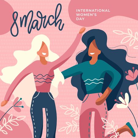 International Women's Day. Girls Together. Two Faceless Ladies Hugging. Girl Power, Feminism Poster with Lettering 8 March. Greeting flat hand drawn Card. Flat Vector Web Banner Template.のイラスト素材