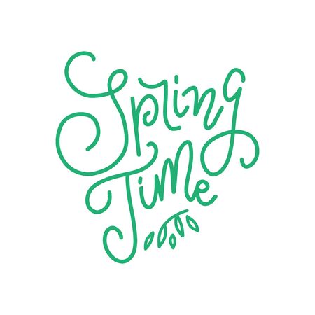 Green Calligraphy lettering phrase Spring Time. Vector Hand Drawn Isolated text. Sketch doodle trendy line design for greeting card, scrapbook, printのイラスト素材