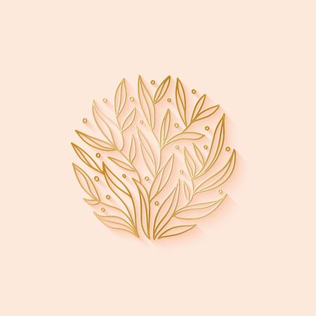 Floral plant design. Outline emblem branches and leaves in a circle in linear style. Vector golden abstract badge for design of natural products, flower shop, cosmetics, ecology health, spaのイラスト素材
