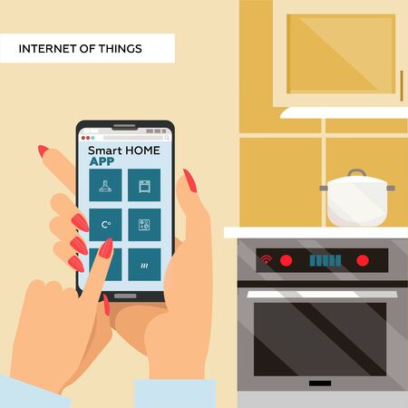 Woman Hands holding smartphone with Smart home app on screen. internet of things for kitchen. Cooking pot on stove. Vector flat illustrationのイラスト素材