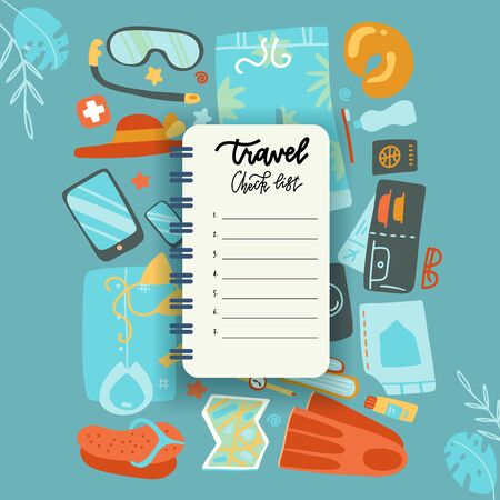Packing list, travel planning concept. Preparing for vacation, travel, journey, trip. Noteboot sheet with Baggage, air tickets, passport, wallet, camera, palm leaves. Top view Vector flat illustrationのイラスト素材