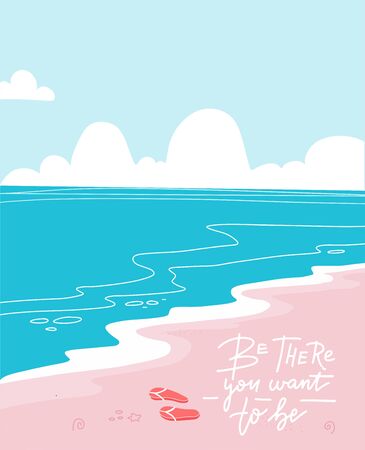 Vertical Background of sand beach with blue sea. Be there you want to be - lettering quote.のイラスト素材