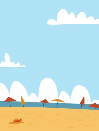 Summer Seascape background. Sand Beach with many umbrellas and white clouds. Vector flat cartoon Illustration with free space for text. Poster template backgroundのイラスト素材