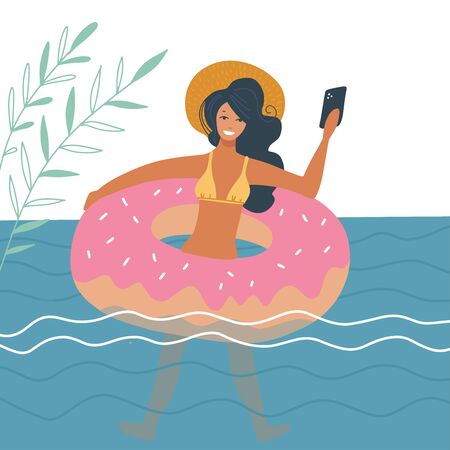 Young woman swimming on inflatable ring makes selfie photo on smartphone. Young girl taking self-photo as keepsake. Swimming in the sea, summer trip, selfie concept cartoon vector flat illustration.のイラスト素材